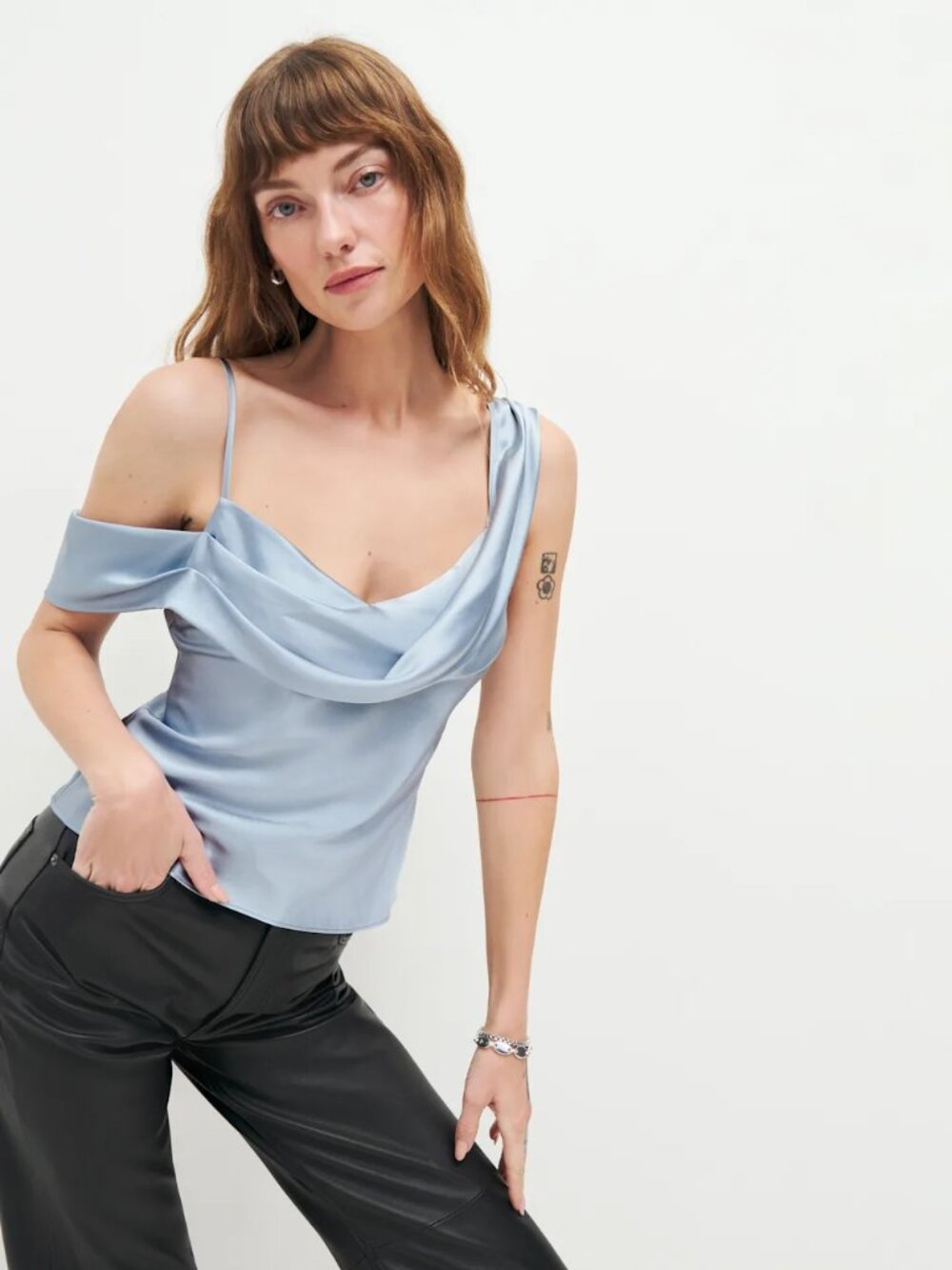 Reformation Light Blue Satin Draped Cowl Neck Tank